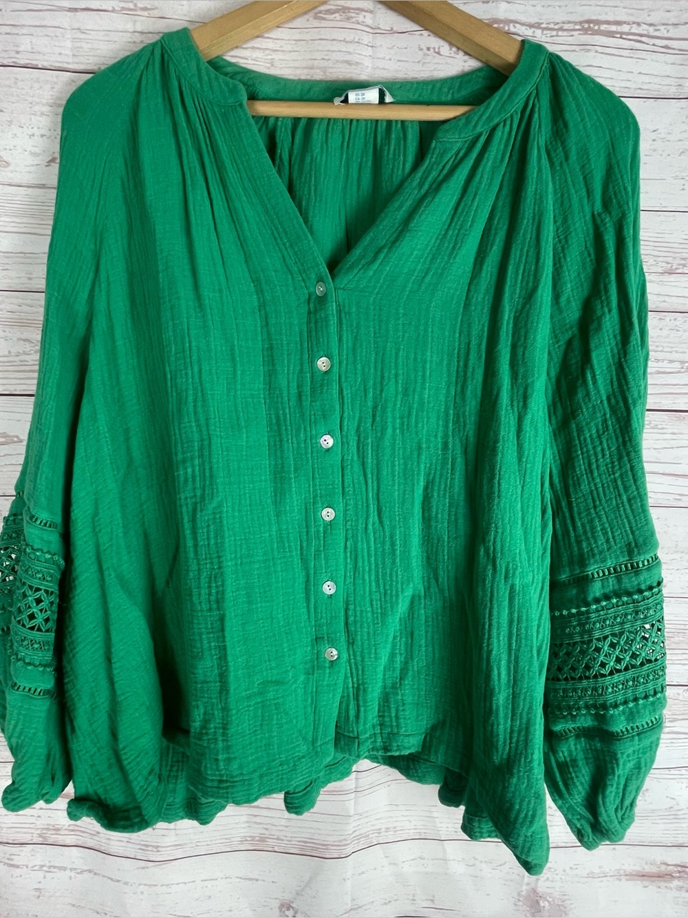 Calypso St Barth Green Cotton Gauze Crochet Lace Top, Sz 3X Beachy Boho Vacay